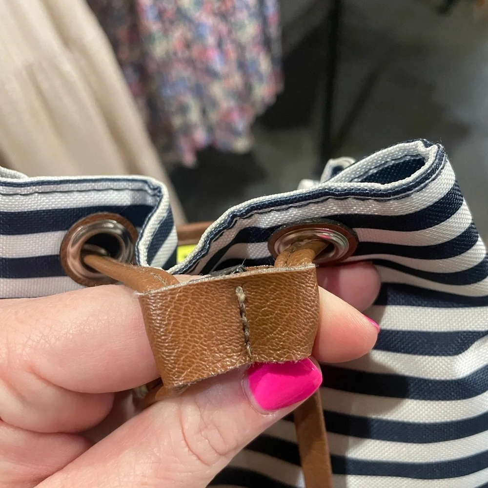 Lily Bloom Navy & White Striped Backpack with Front Pockets & Lime Green Inside - Picture 11 of 11